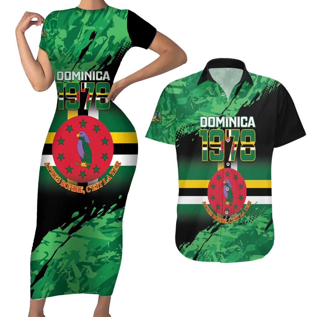 Persionalized Dominica 1978 Couples Matching Short Sleeve Bodycon Dress and Hawaiian Shirt Dominik Independence Anniversary Grunge Style - Wonder Print Shop