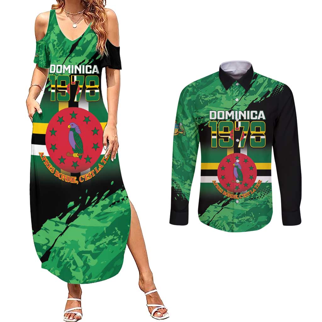 Persionalized Dominica 1978 Couples Matching Summer Maxi Dress and Long Sleeve Button Shirt Dominik Independence Anniversary Grunge Style - Wonder Print Shop