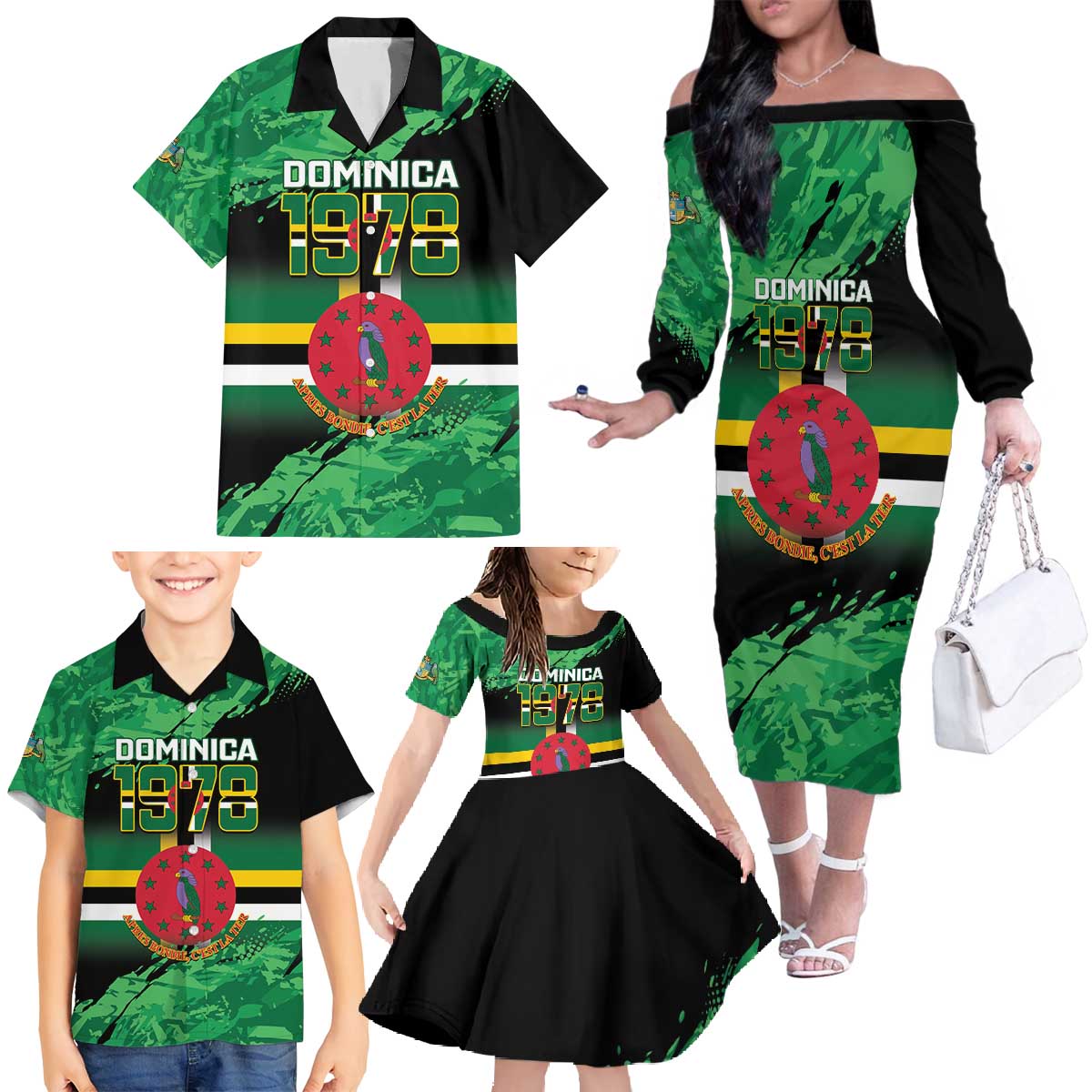 Persionalized Dominica 1978 Family Matching Off The Shoulder Long Sleeve Dress and Hawaiian Shirt Dominik Independence Anniversary Grunge Style - Wonder Print Shop