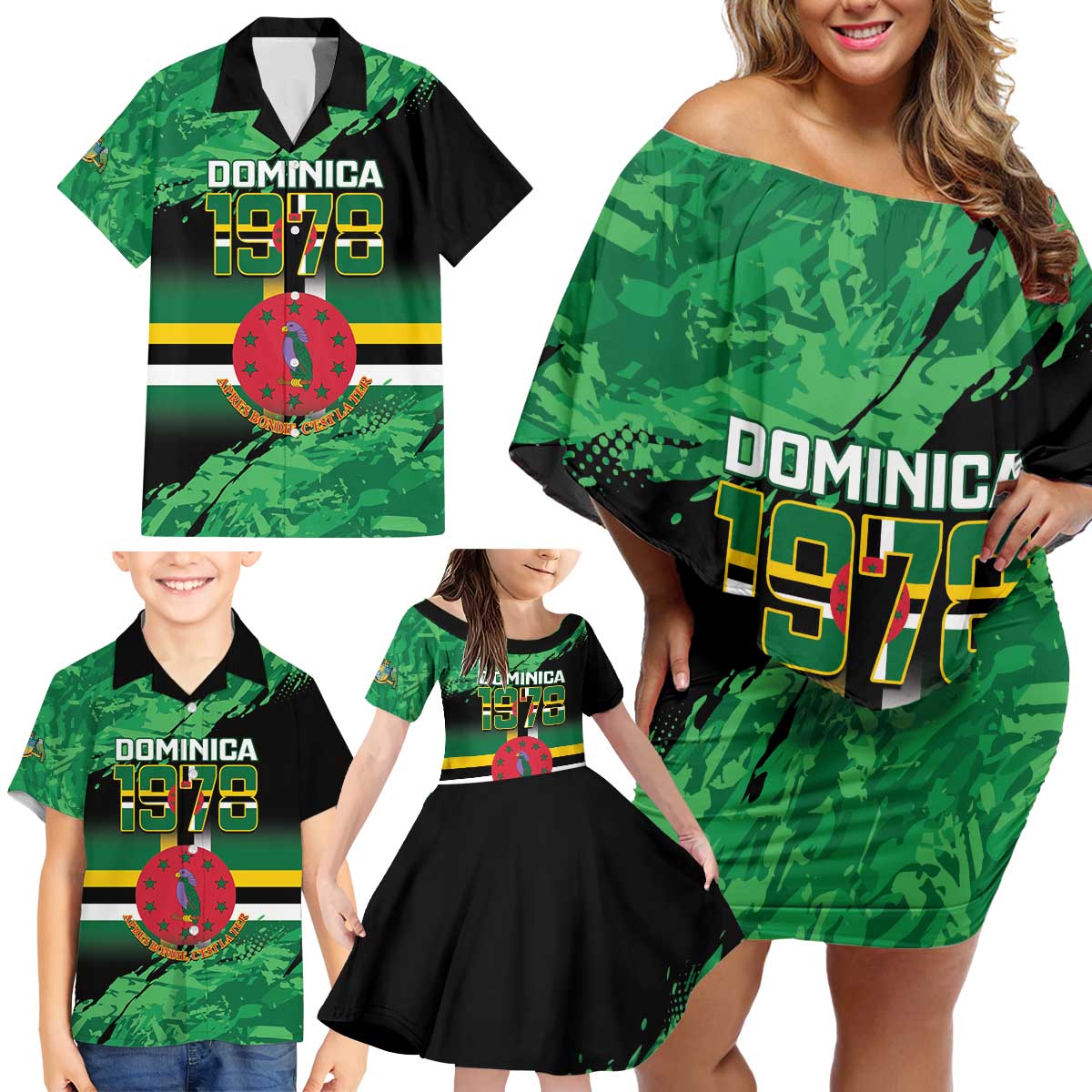 Persionalized Dominica 1978 Family Matching Off Shoulder Short Dress and Hawaiian Shirt Dominik Independence Anniversary Grunge Style - Wonder Print Shop