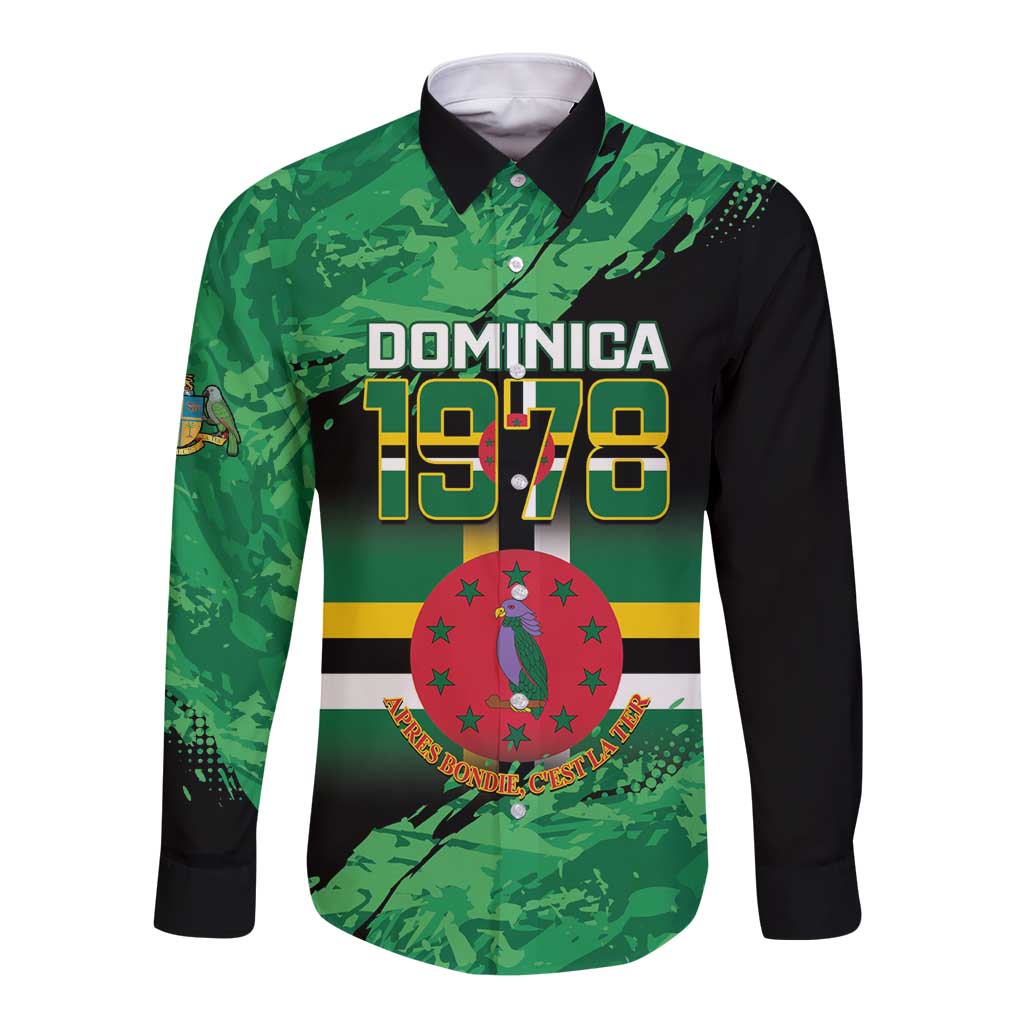 Green and black long-sleeve button shirt with DOMINICA 1978 front graphic