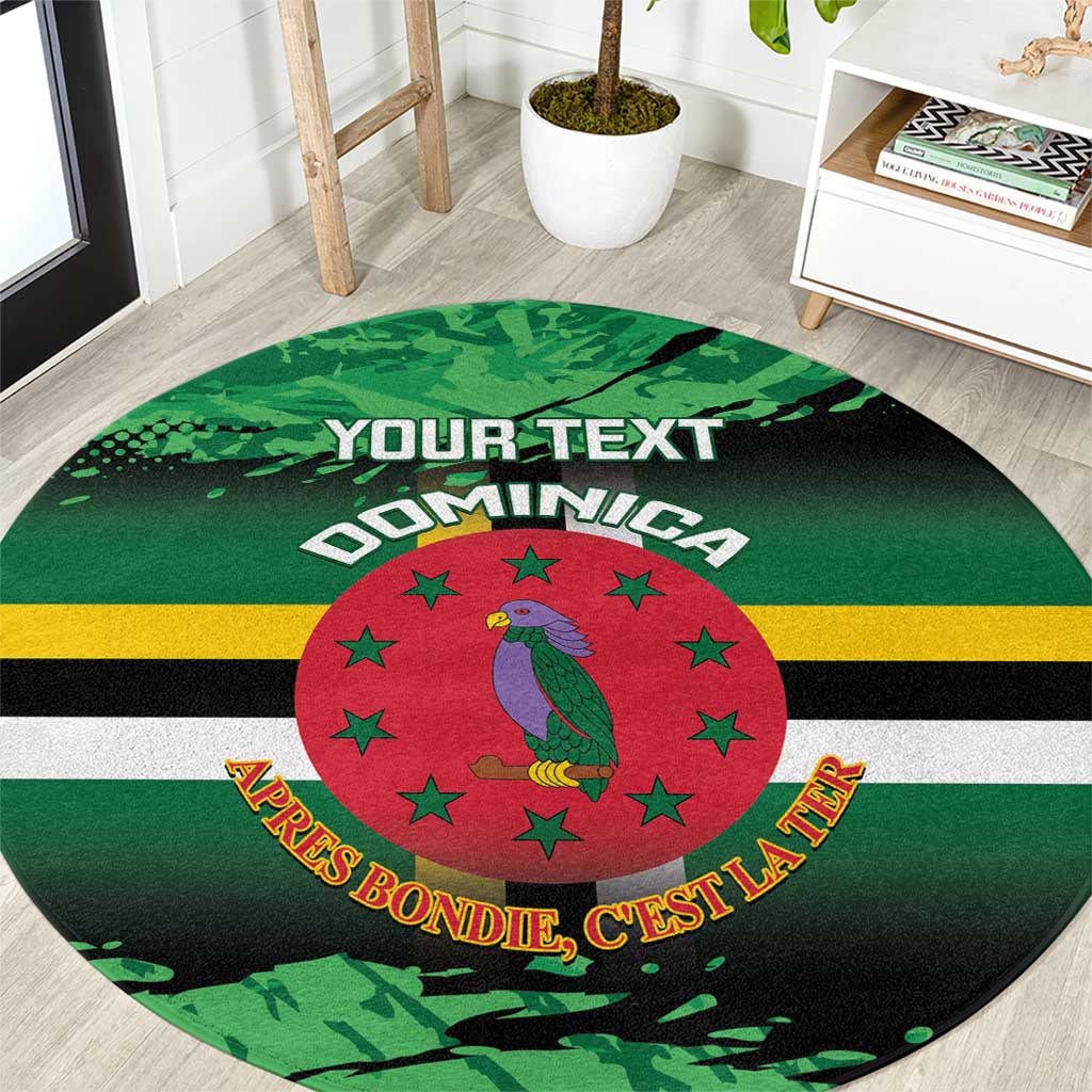 Personalized round green carpet with Dominican flag print, bird, stars, and 'YOUR TEXT'.