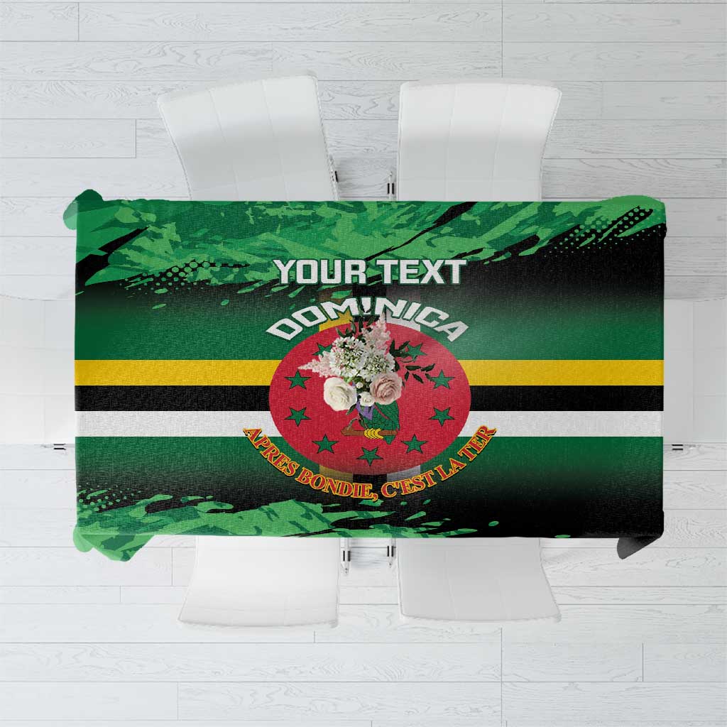 Personalized green tablecloth with “YOUR TEXT” and “DOMINICA” design