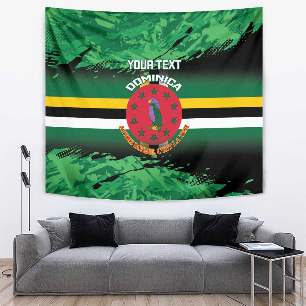Personalized Dominica tapestry wall hanging with green and black camo, crest, and customizable text