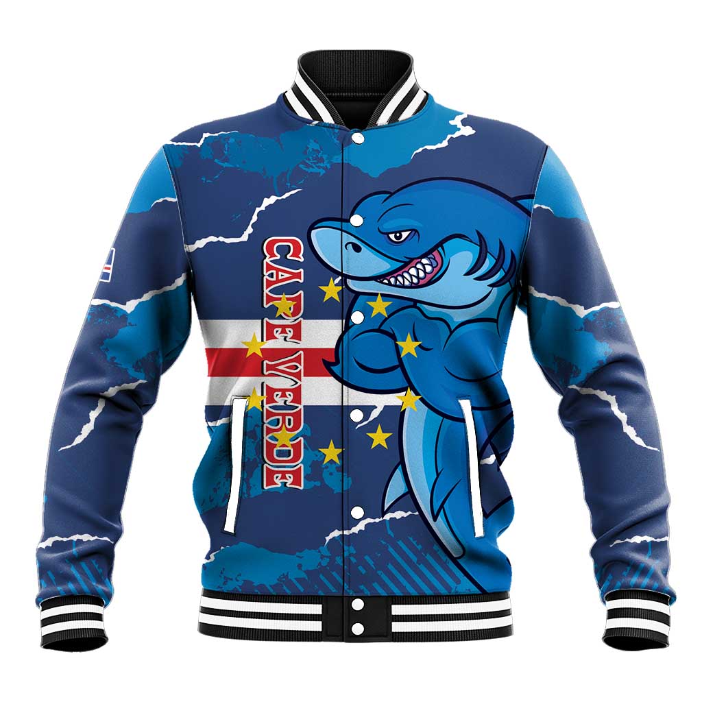 Blue varsity baseball jacket with shark mascot graphic, flags and stars; snap-button front