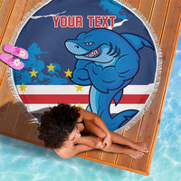 Round blue beach blanket with white fringe, shark mascot and “YOUR TEXT” on it