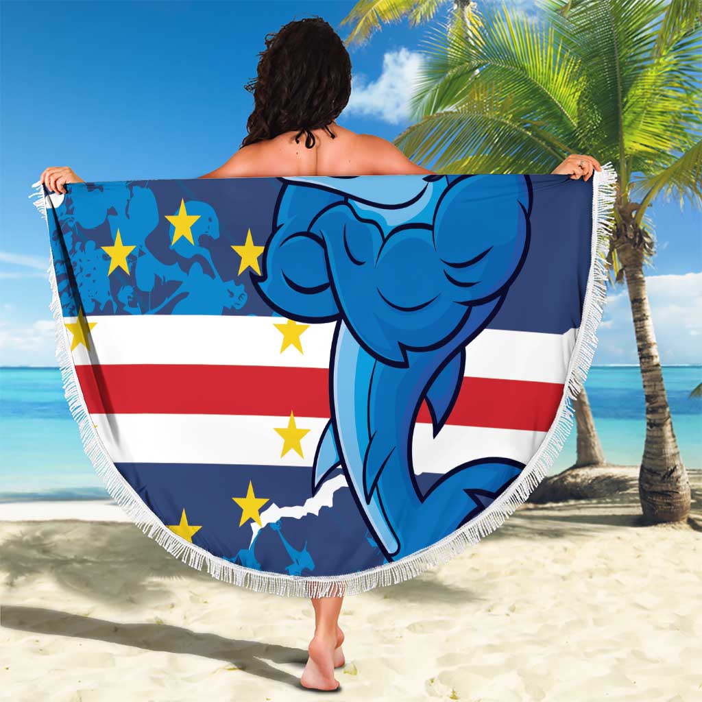 Blue round beach blanket with white fringe, shark mascot graphic and “YOUR TEXT”