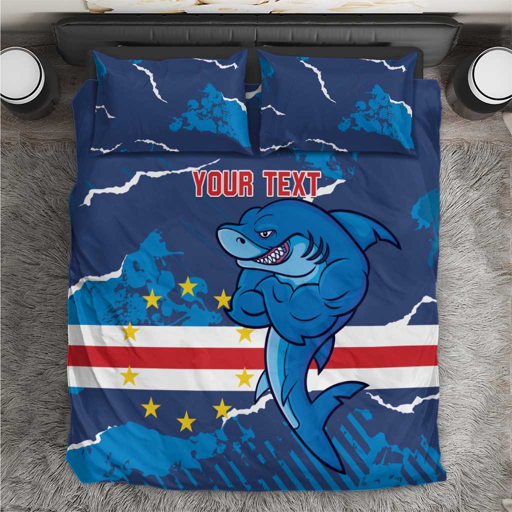 Blue shark mascot bedding set with flag stripes, stars, and white lightning; includes pillowcases