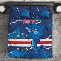 Blue shark mascot bedding set with flag stripes, stars, and white lightning; includes pillowcases