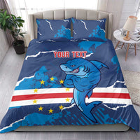 Blue shark mascot duvet with stars-and-stripes flag, lightning lines, and 'YOUR TEXT'; 2 pillows