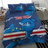 Blue shark mascot bedding set with stars-and-stripes flag, lightning lines, and 'YOUR TEXT' headline