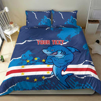 Blue shark mascot duvet with stars-and-stripes flag, lightning pattern, and centered 'YOUR TEXT'