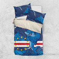 Blue shark mascot bedding set with stars-and-stripes flag, lightning pattern; includes 2 pillowcases