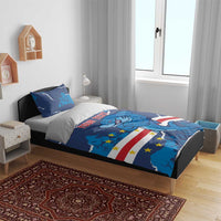 Blue shark mascot duvet and pillowcases featuring stars-and-stripes flag and 'YOUR TEXT'