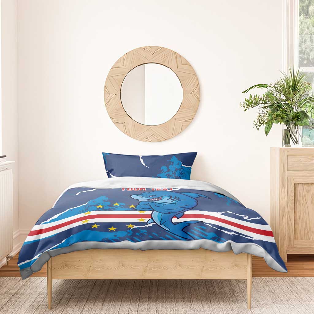 Blue shark mascot duvet with stars-and-stripes flag, lightning lines, and 'YOUR TEXT'