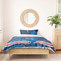 Blue shark mascot duvet with stars-and-stripes flag, lightning lines, and 'YOUR TEXT'