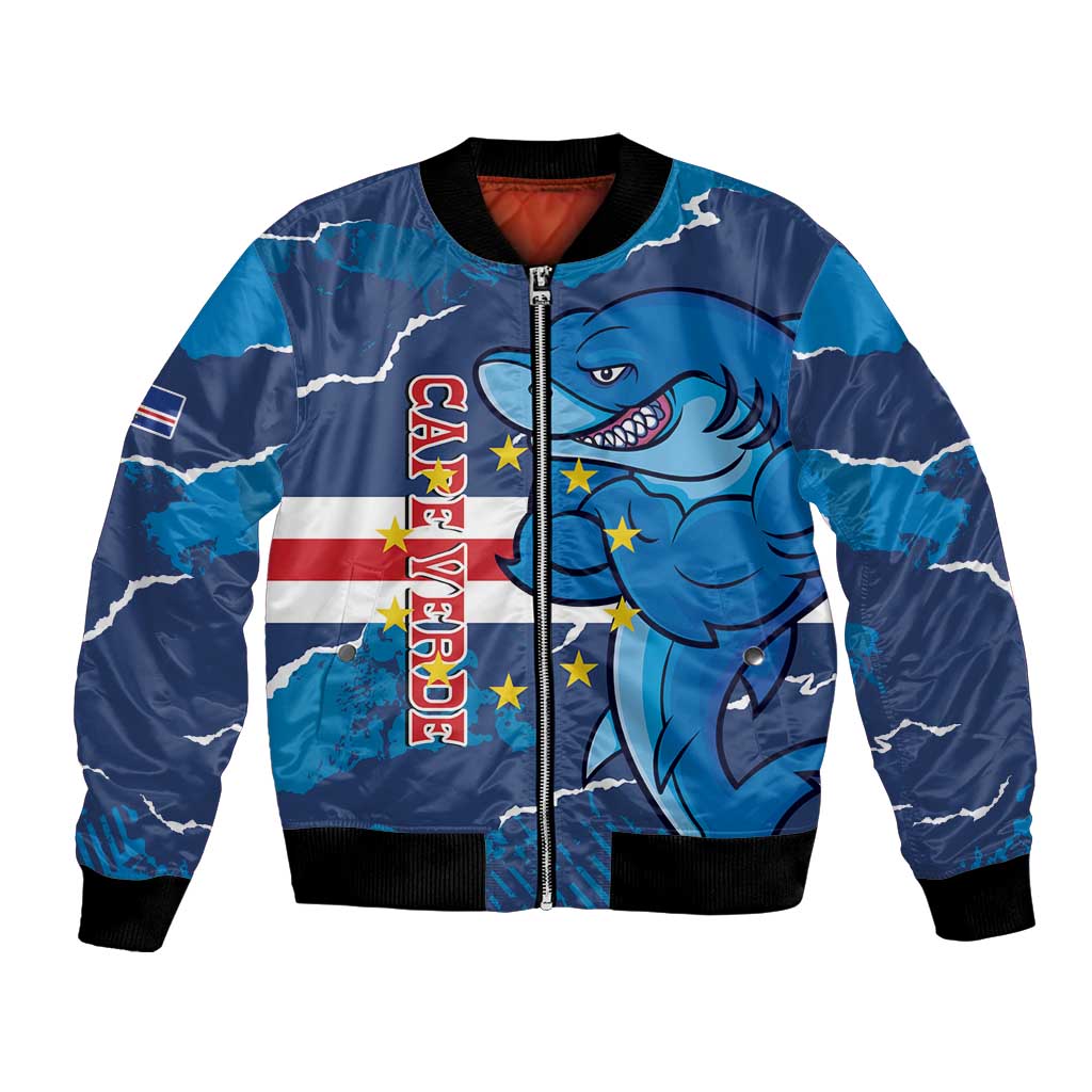 Blue bomber jacket with zip front, shark mascot graphic, ribbed cuffs and hem