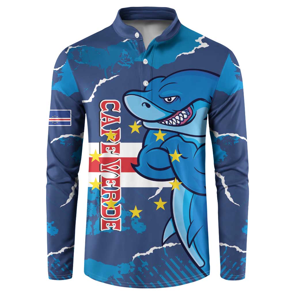 Blue button-front sweatshirt with long sleeves, shark mascot graphic, and country stripes