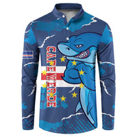 Blue button-front sweatshirt with long sleeves, shark mascot graphic, and country stripes
