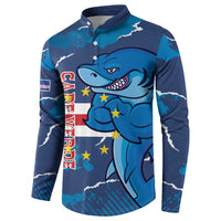 Navy and teal button-front sweatshirt with long sleeves, shark graphic and star accents