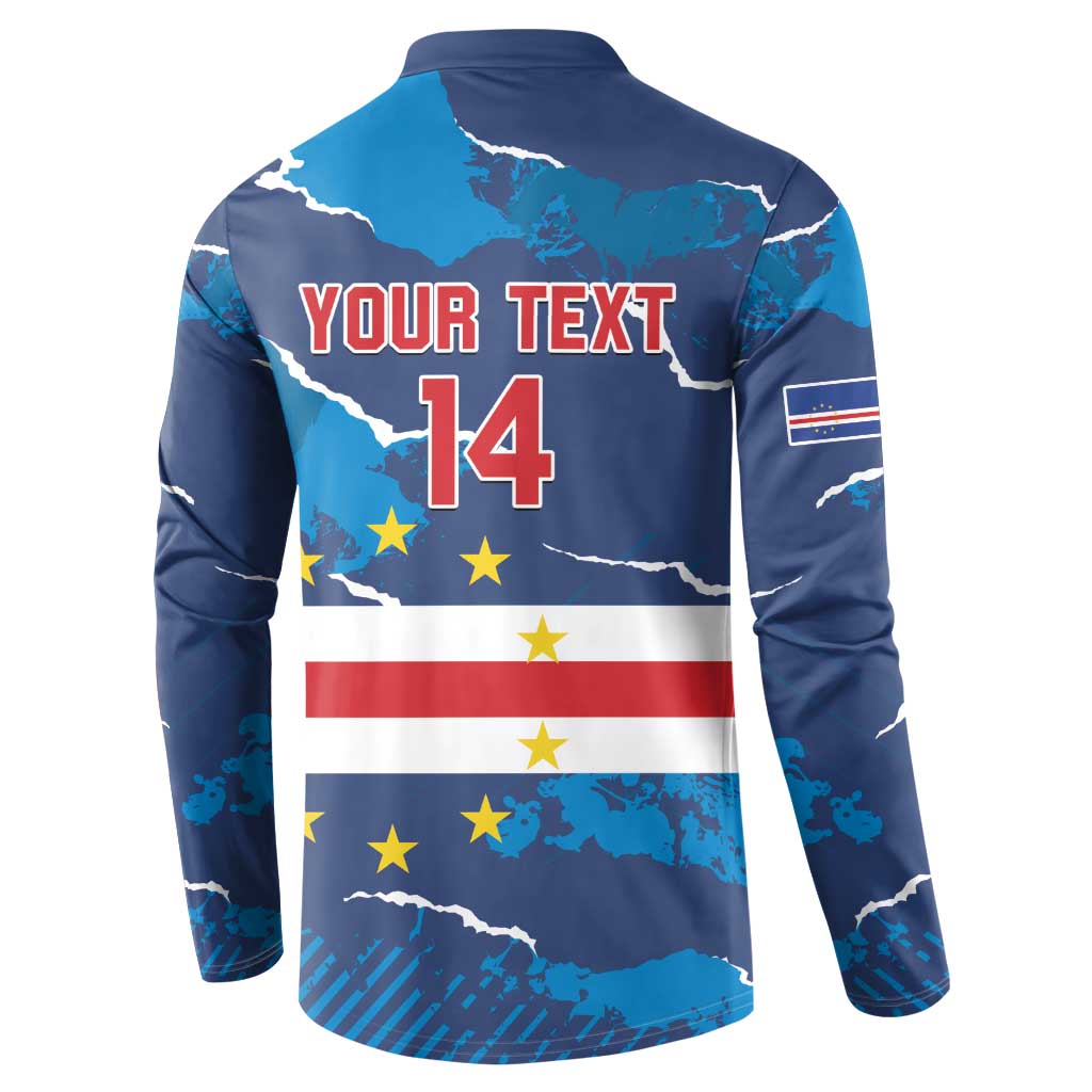 Back view of navy button-front sweatshirt with 'YOUR TEXT' and number '14' with stars