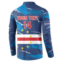 Back view of navy button-front sweatshirt with 'YOUR TEXT' and number '14' with stars