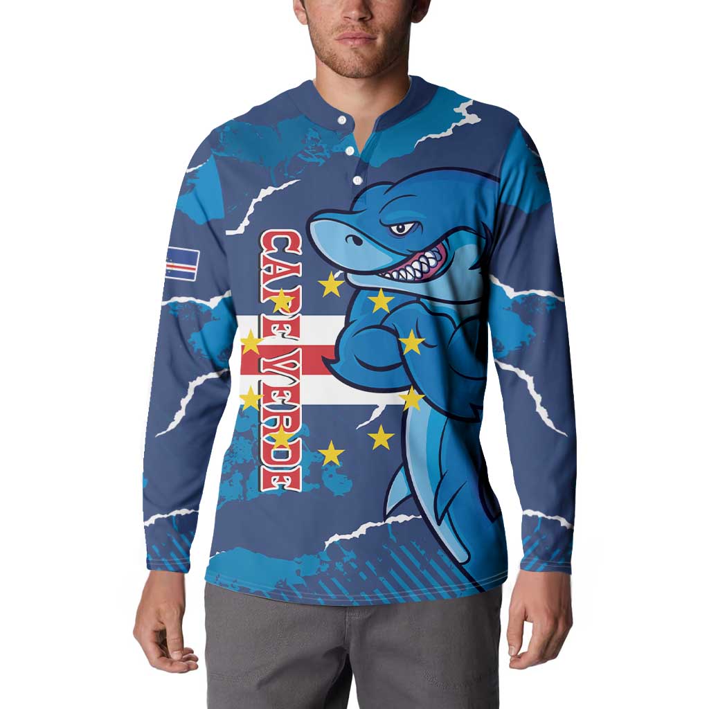 Mens navy and teal button-front sweatshirt with shark mascot front graphic and stripes