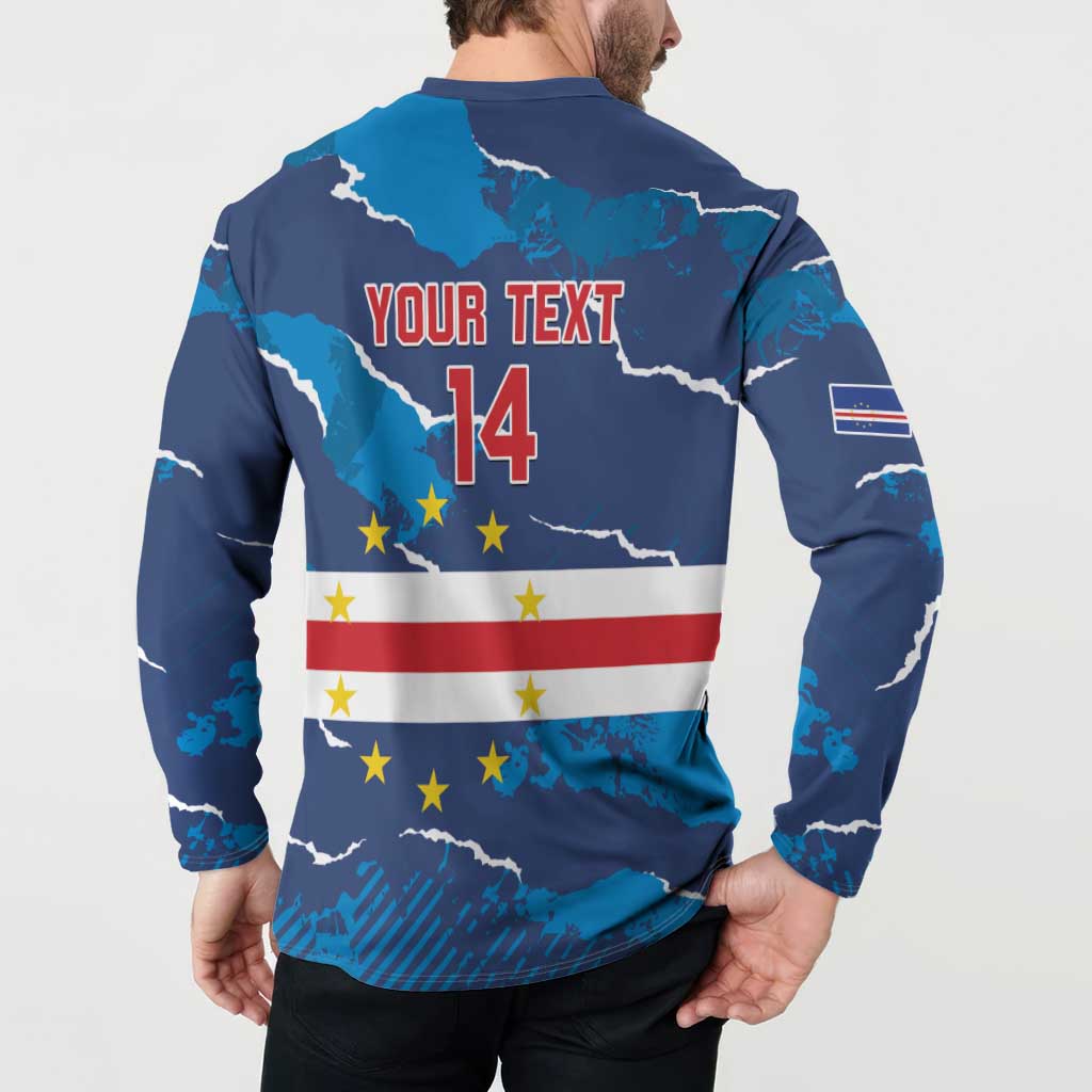 Back view on model: navy button-front sweatshirt with 'YOUR TEXT 14' and star stripes