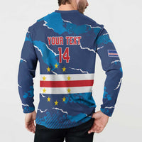 Back view on model: navy button-front sweatshirt with 'YOUR TEXT 14' and star stripes