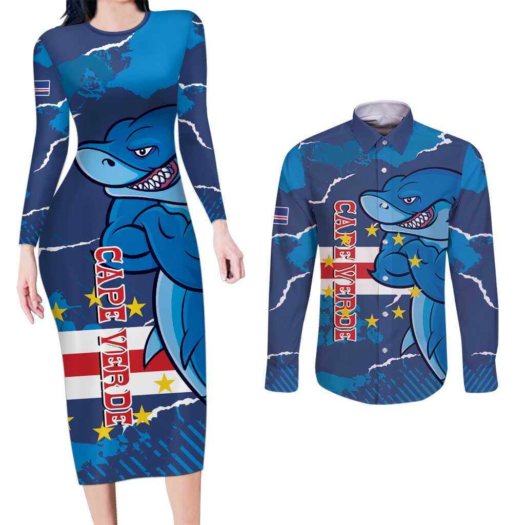 Custom Cape Verde Football Couples Matching Long Sleeve Bodycon Dress and Long Sleeve Button Shirt Go Blue Sharks - Mascot Version - Wonder Print Shop