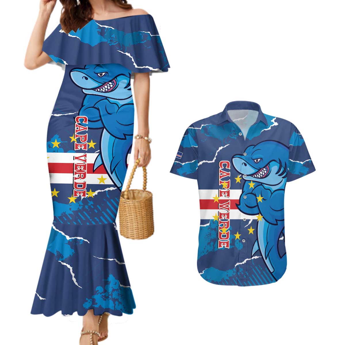 Custom Cape Verde Football Couples Matching Mermaid Dress and Hawaiian Shirt Go Blue Sharks - Mascot Version - Wonder Print Shop