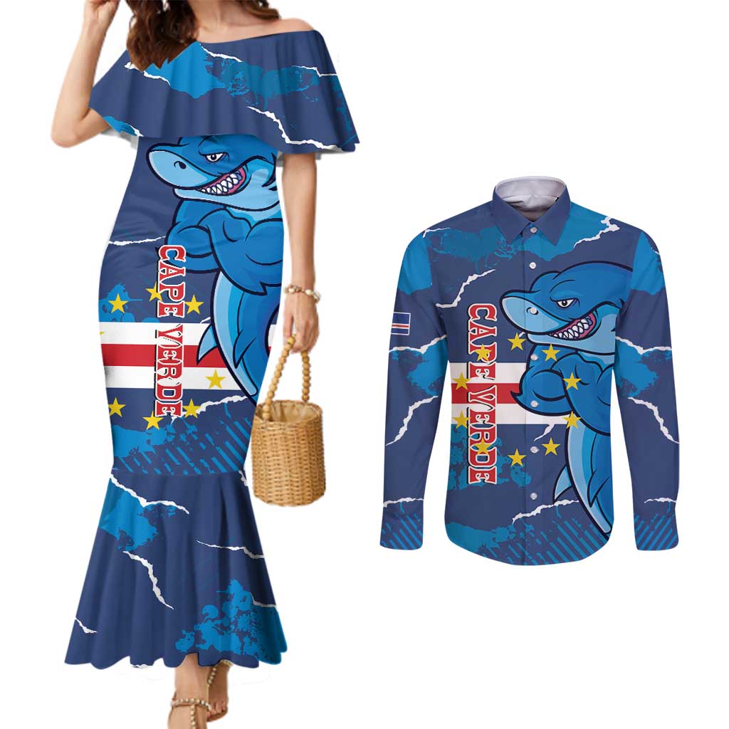 Custom Cape Verde Football Couples Matching Mermaid Dress and Long Sleeve Button Shirt Go Blue Sharks - Mascot Version