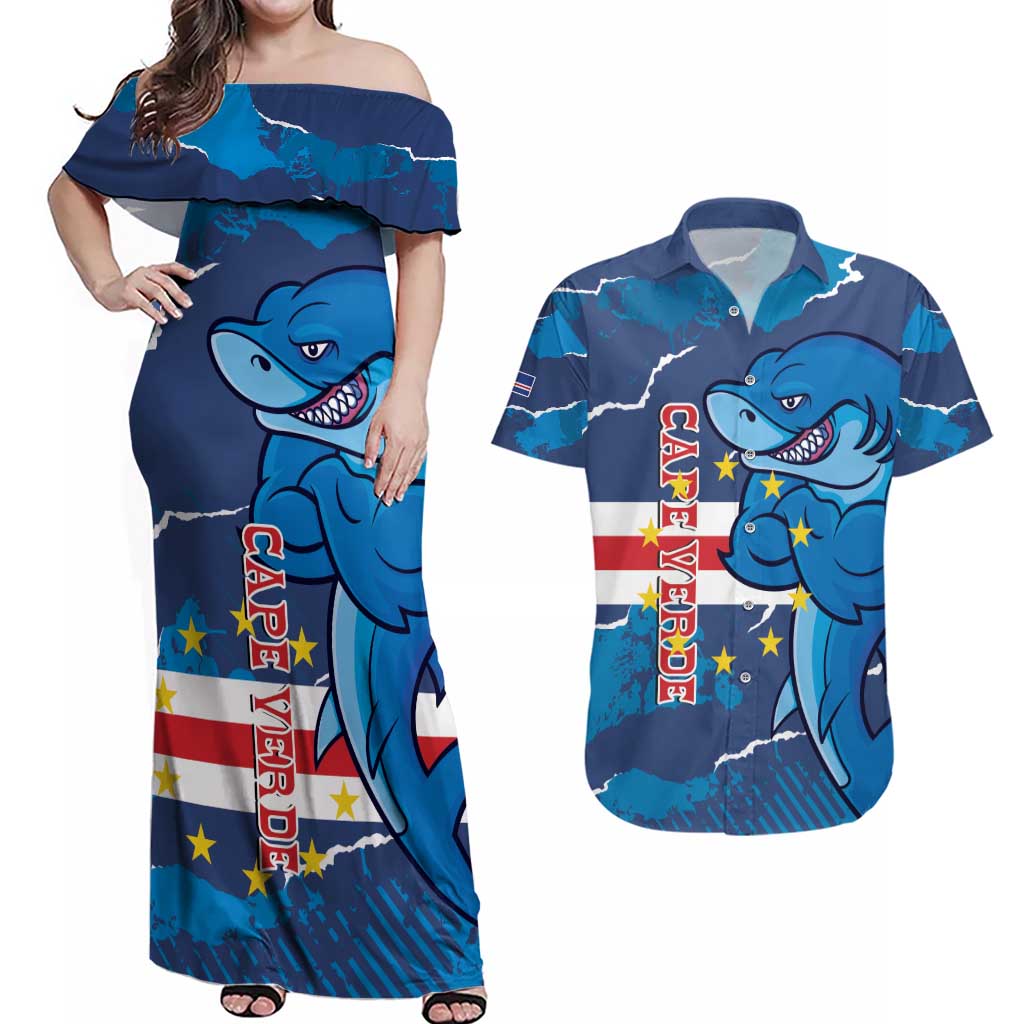 Custom Cape Verde Football Couples Matching Off Shoulder Maxi Dress and Hawaiian Shirt Go Blue Sharks - Mascot Version - Wonder Print Shop