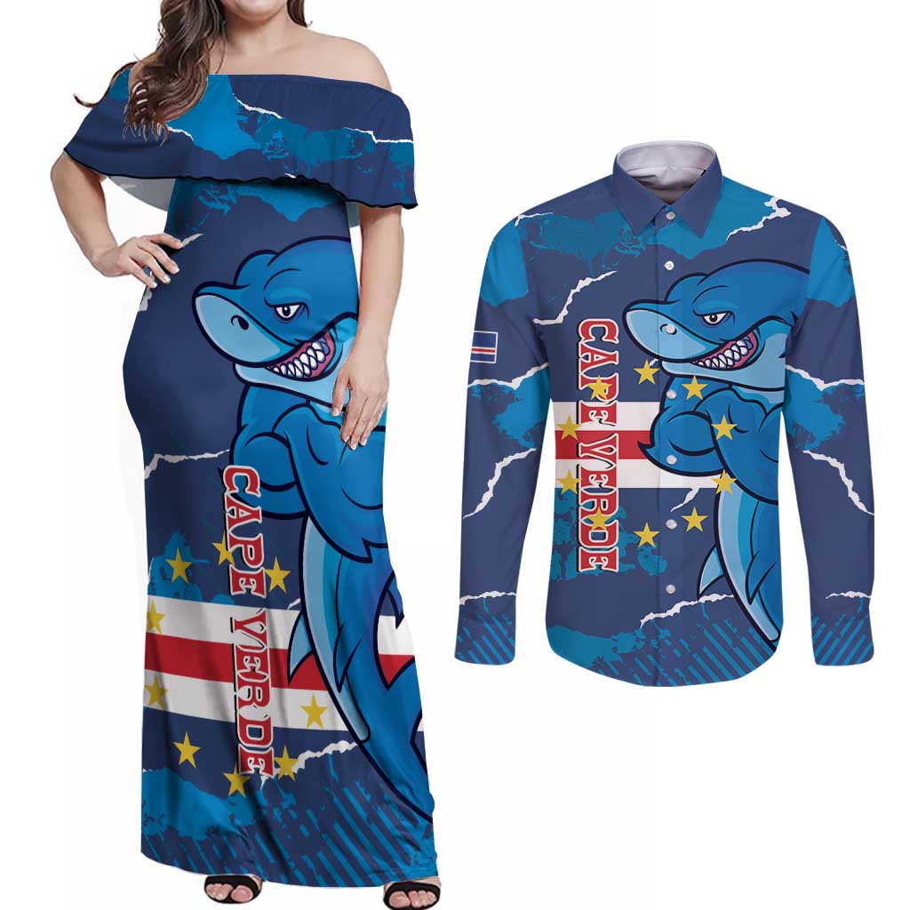 Custom Cape Verde Football Couples Matching Off Shoulder Maxi Dress and Long Sleeve Button Shirt Go Blue Sharks - Mascot Version - Wonder Print Shop