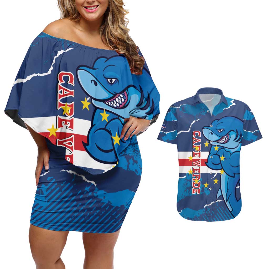 Custom Cape Verde Football Couples Matching Off Shoulder Short Dress and Hawaiian Shirt Go Blue Sharks - Mascot Version - Wonder Print Shop