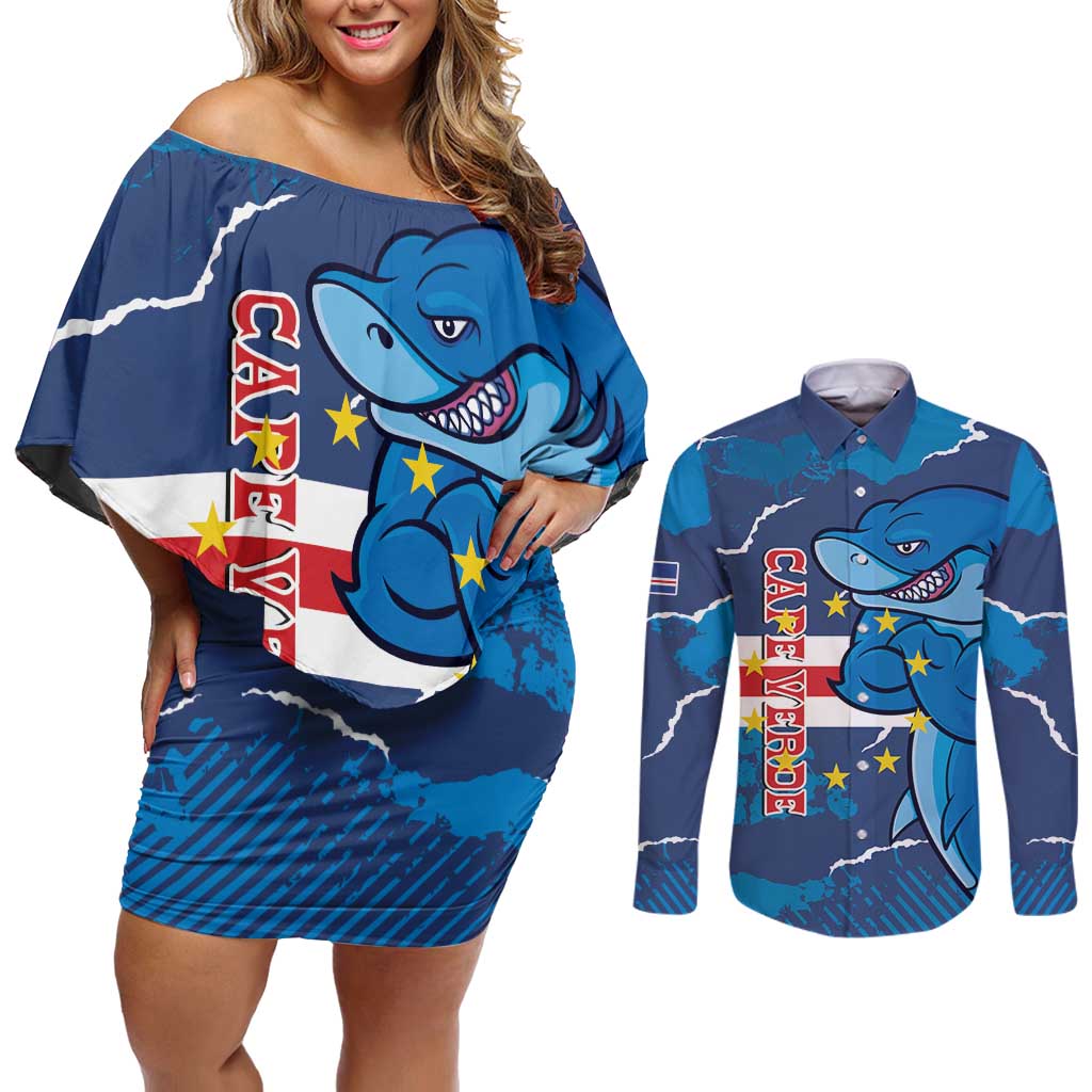 Custom Cape Verde Football Couples Matching Off Shoulder Short Dress and Long Sleeve Button Shirt Go Blue Sharks - Mascot Version - Wonder Print Shop