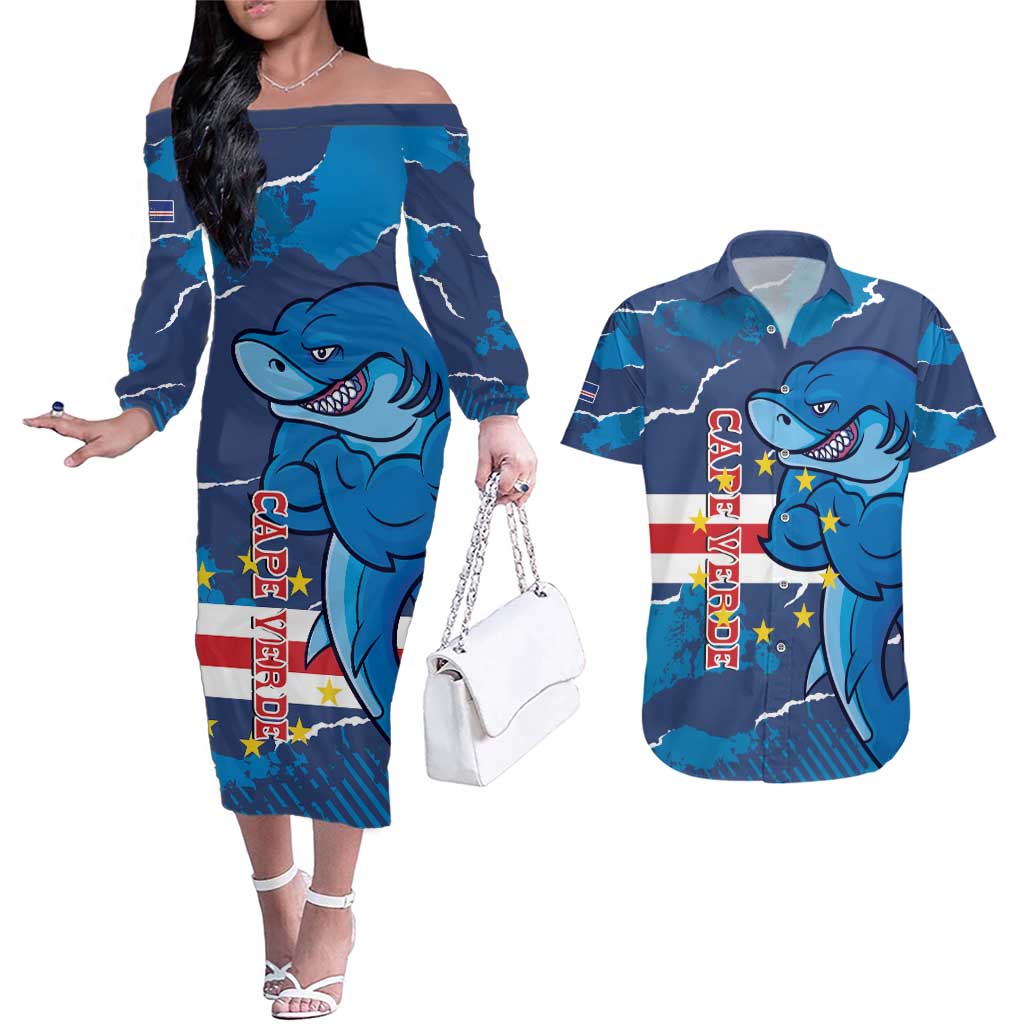 Custom Cape Verde Football Couples Matching Off The Shoulder Long Sleeve Dress and Hawaiian Shirt Go Blue Sharks - Mascot Version - Wonder Print Shop