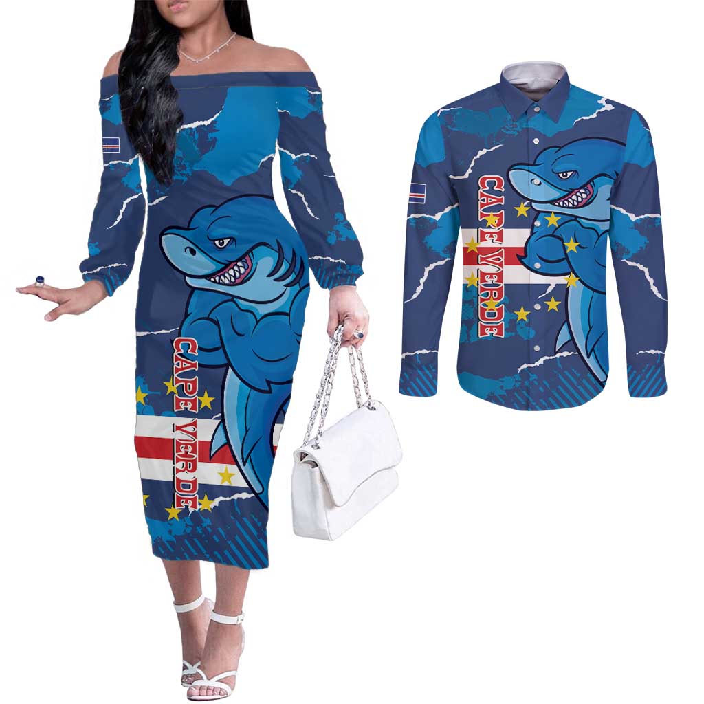 Custom Cape Verde Football Couples Matching Off The Shoulder Long Sleeve Dress and Long Sleeve Button Shirt Go Blue Sharks - Mascot Version