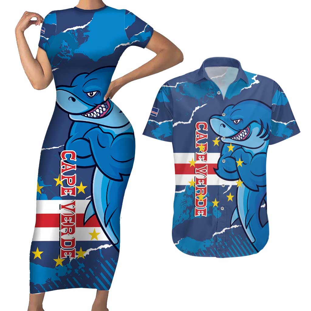 Custom Cape Verde Football Couples Matching Short Sleeve Bodycon Dress and Hawaiian Shirt Go Blue Sharks - Mascot Version - Wonder Print Shop