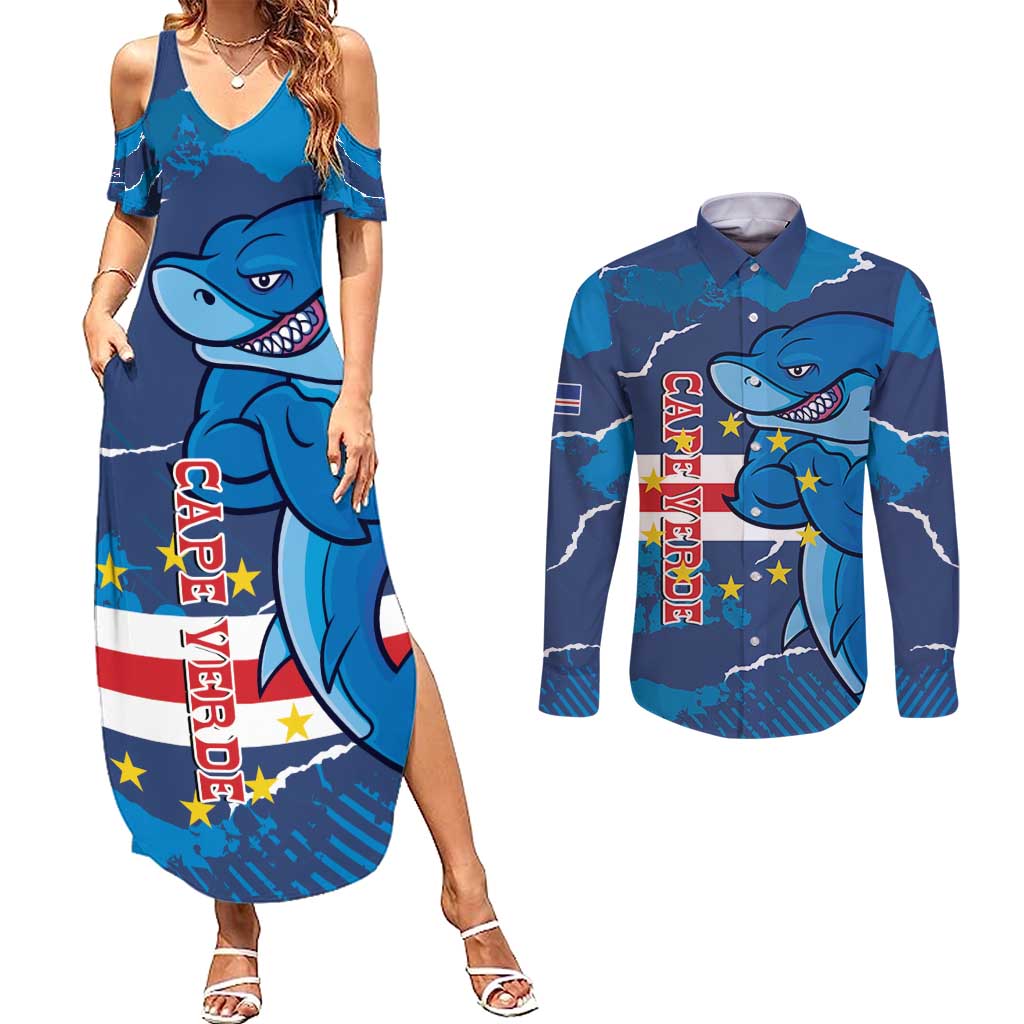 Custom Cape Verde Football Couples Matching Summer Maxi Dress and Long Sleeve Button Shirt Go Blue Sharks - Mascot Version - Wonder Print Shop