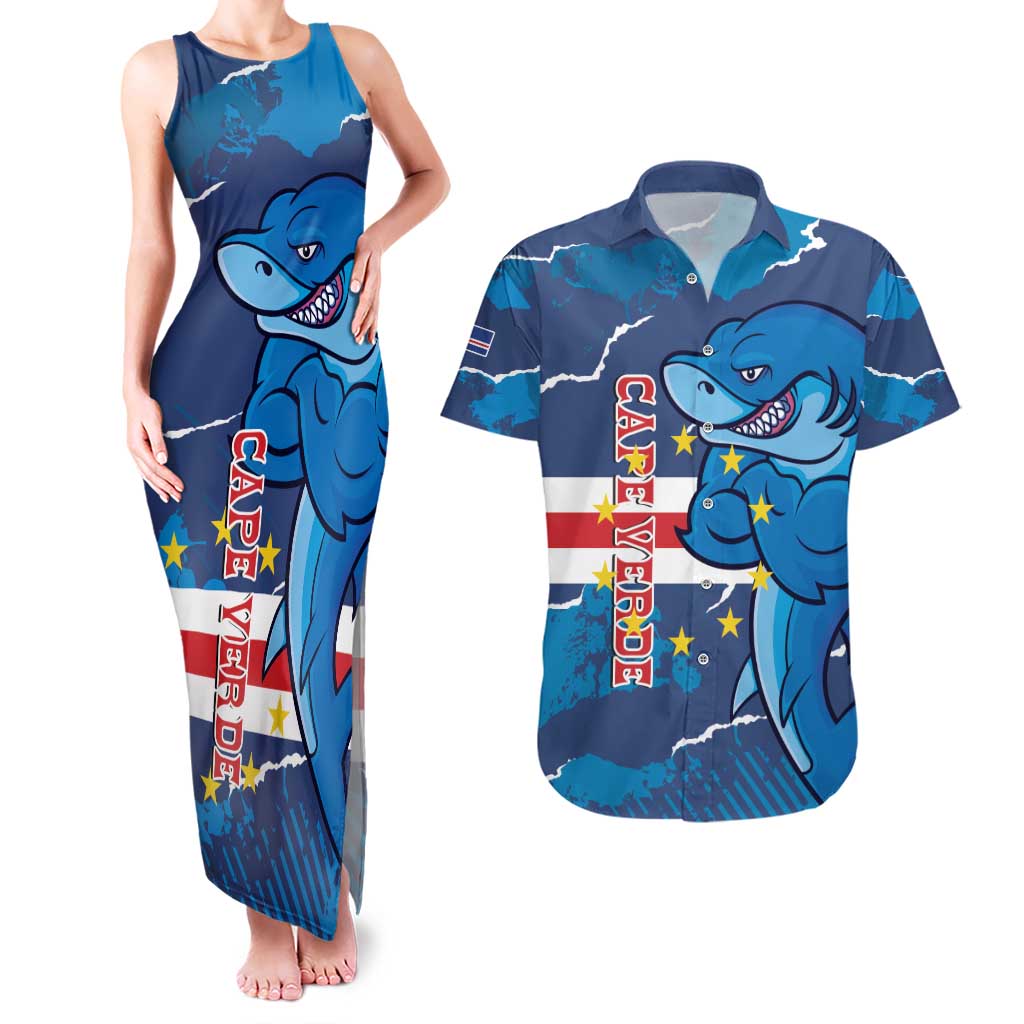 Custom Cape Verde Football Couples Matching Tank Maxi Dress and Hawaiian Shirt Go Blue Sharks - Mascot Version - Wonder Print Shop