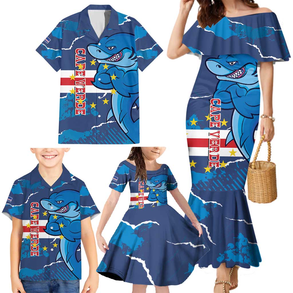 Custom Cape Verde Football Family Matching Mermaid Dress and Hawaiian Shirt Go Blue Sharks - Mascot Version - Wonder Print Shop