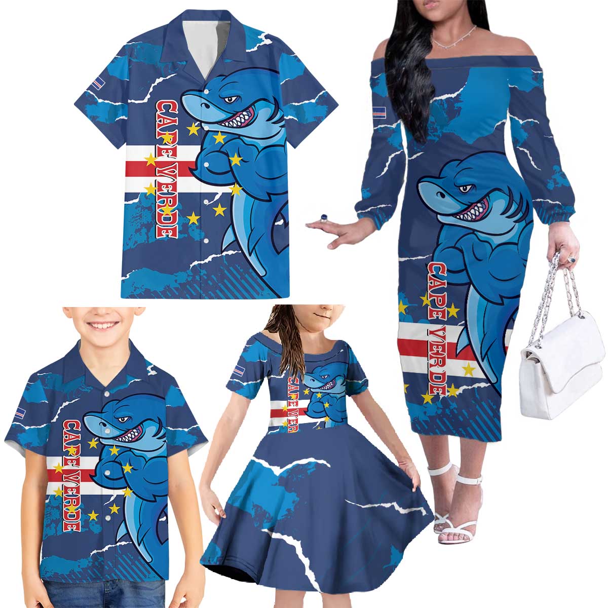 Custom Cape Verde Football Family Matching Off The Shoulder Long Sleeve Dress and Hawaiian Shirt Go Blue Sharks - Mascot Version - Wonder Print Shop