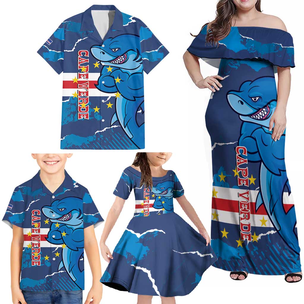 Custom Cape Verde Football Family Matching Off Shoulder Maxi Dress and Hawaiian Shirt Go Blue Sharks - Mascot Version - Wonder Print Shop