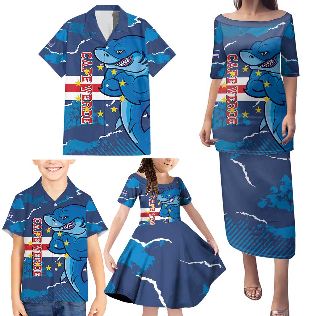 Custom Cape Verde Football Family Matching Puletasi and Hawaiian Shirt Go Blue Sharks - Mascot Version - Wonder Print Shop