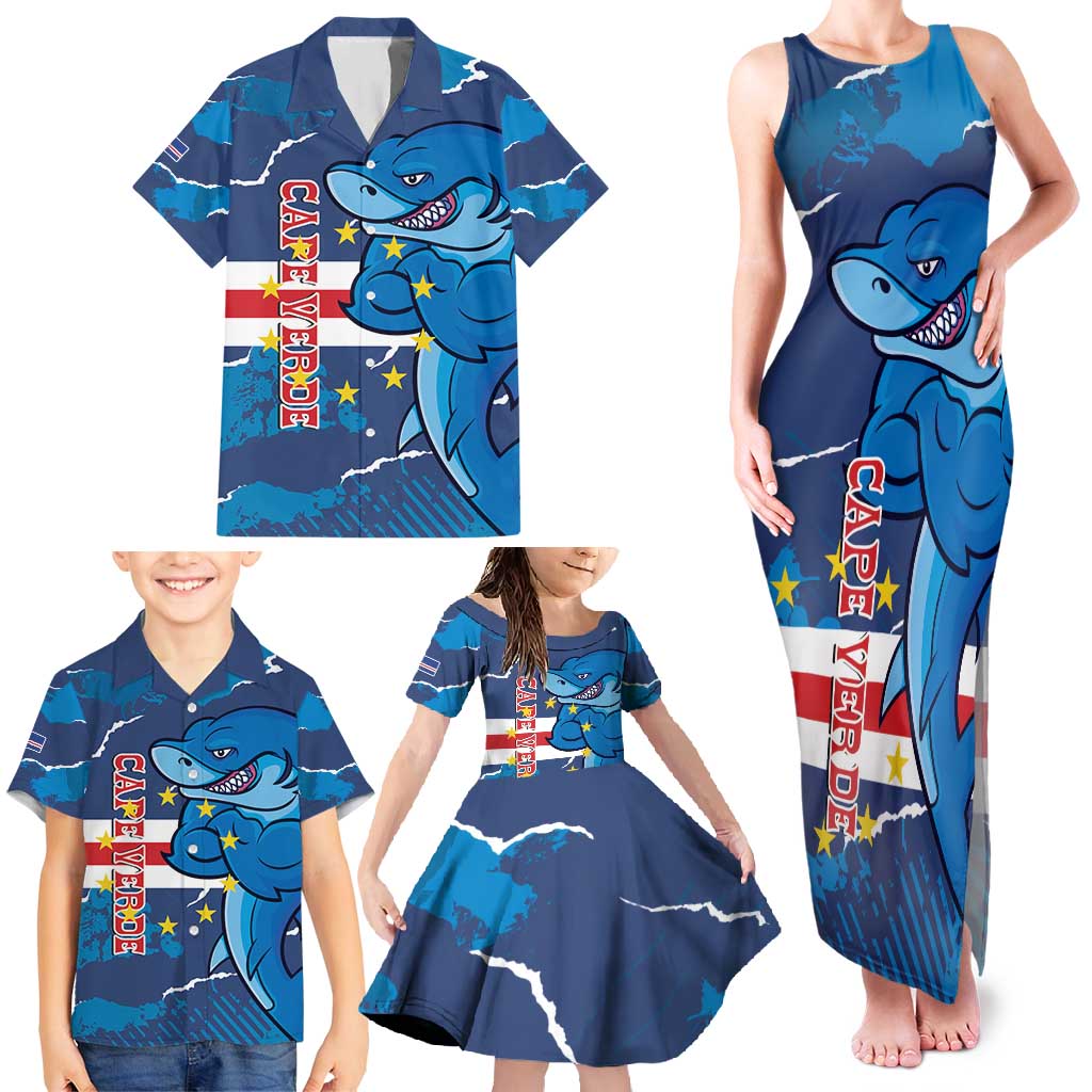 Custom Cape Verde Football Family Matching Tank Maxi Dress and Hawaiian Shirt Go Blue Sharks - Mascot Version - Wonder Print Shop