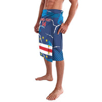 Blue football lavalava shorts with YOUR TEXT 14, stars, and red-white stripe