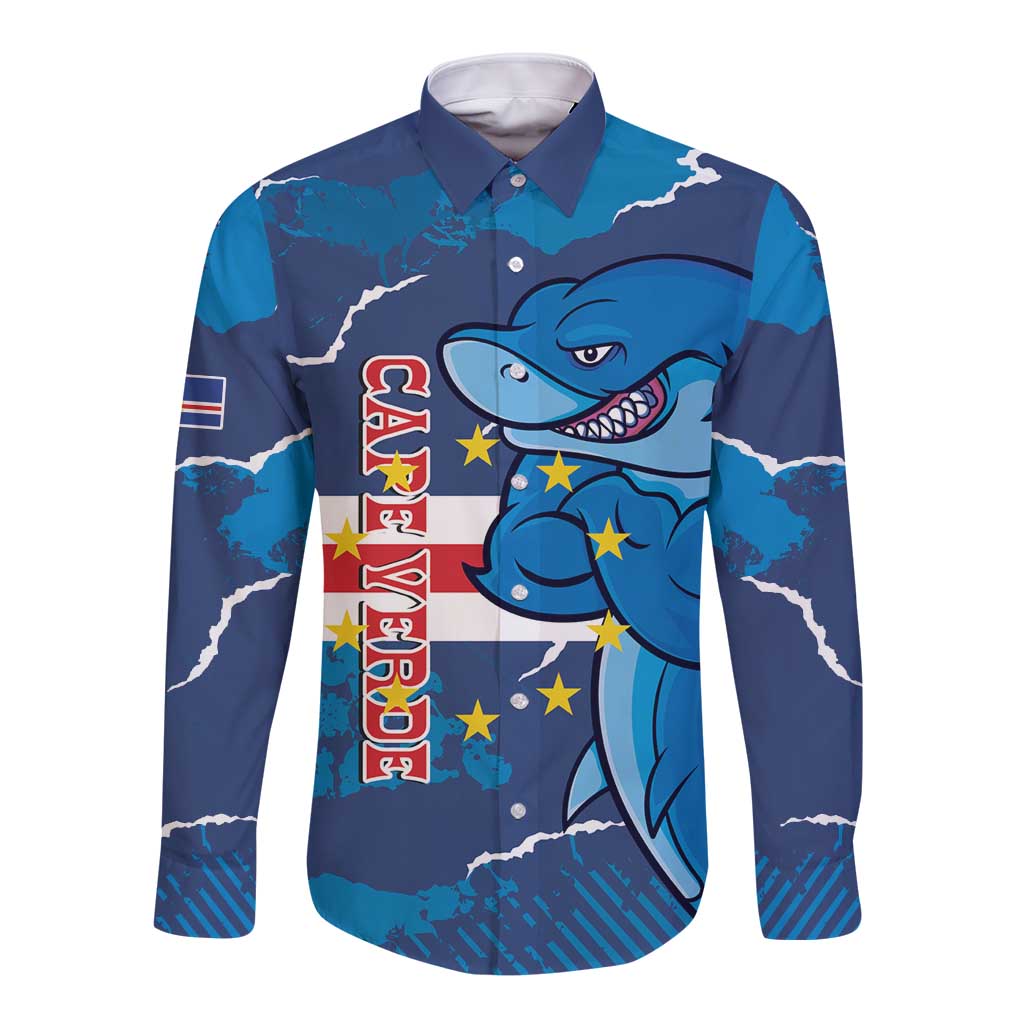 Blue long-sleeve button football shirt with shark mascot graphic and stars