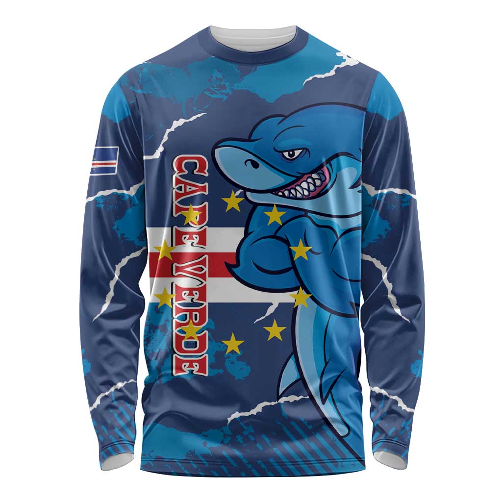 Custom Cape Verde Football Long Sleeve Shirt Go Blue Sharks - Mascot Version - Wonder Print Shop