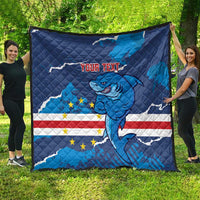 Blue quilt blanket featuring a shark mascot with custom text over a flag-style design